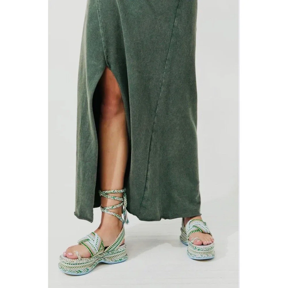 Anthropologie Amambaih Women Manuela Green Blue Strappy Wedge Sandals Sz 38/7 US
